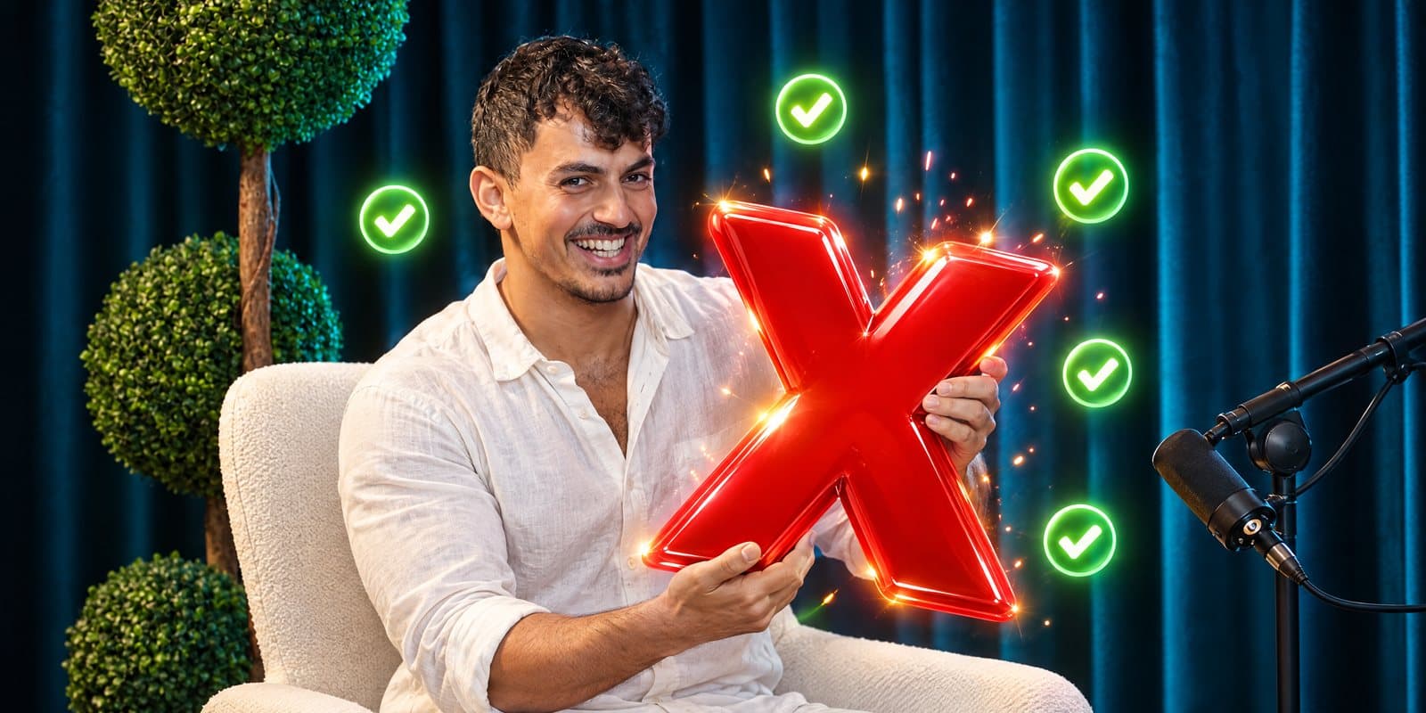 אלון מהבונקר בכורסה מחזיק X אדום ענק וזוהר, וסביבו סימני וי ירוקים